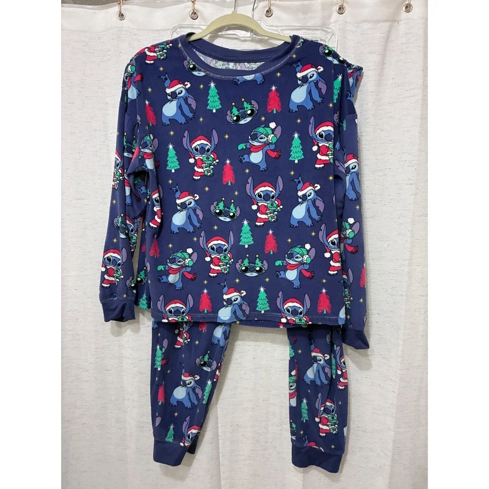 Disney Lilo & Stitch Christmas Pajama Set Navy Blue Holiday Sleepwear Large